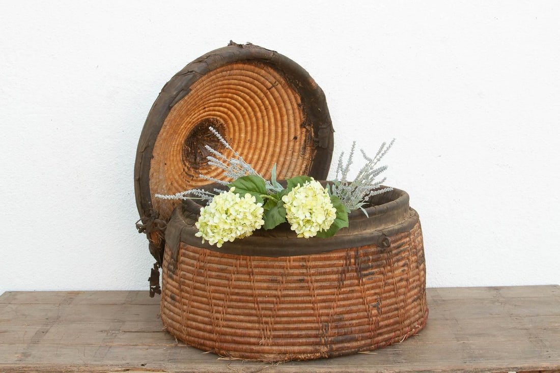 Monumental Antique Basket With Lid & Metal Hardware - 2