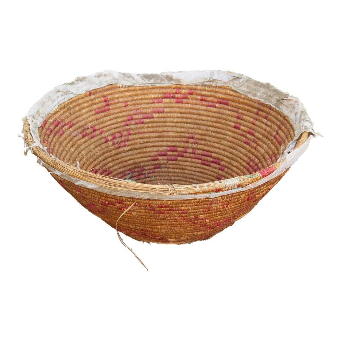 Farmhouse Nomadic Basket With Pink and Natural Colors: This vibrant nomadic harvest bowl is a beautiful example of how traditional artisans infused artistry into their everyday tools. Historically used by tribal and agrarian communities, wide and shallow