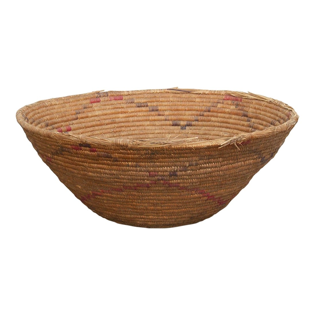 Antique Floral Motif Harvesting Basket: This incredibly textured nomadic gathering bowl perfectly captures the wabi-sabi beauty of everyday tribal artifacts. In traditional agrarian communities, sturdy mid-sized baskets of this scale were