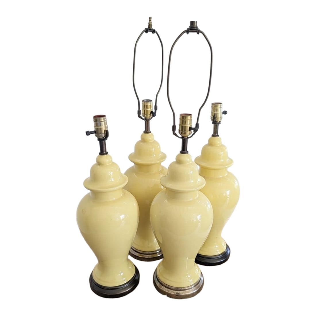 Vintage Butter Yellow Ceramic Ginger Jar Table Lamps - Set of 4: Elevate your interior with this delightful collection of four vintage ginger jar table lamps, featuring a soft butter yellow glazed ceramic finish that exudes mid-century charm and Hollywood Regency