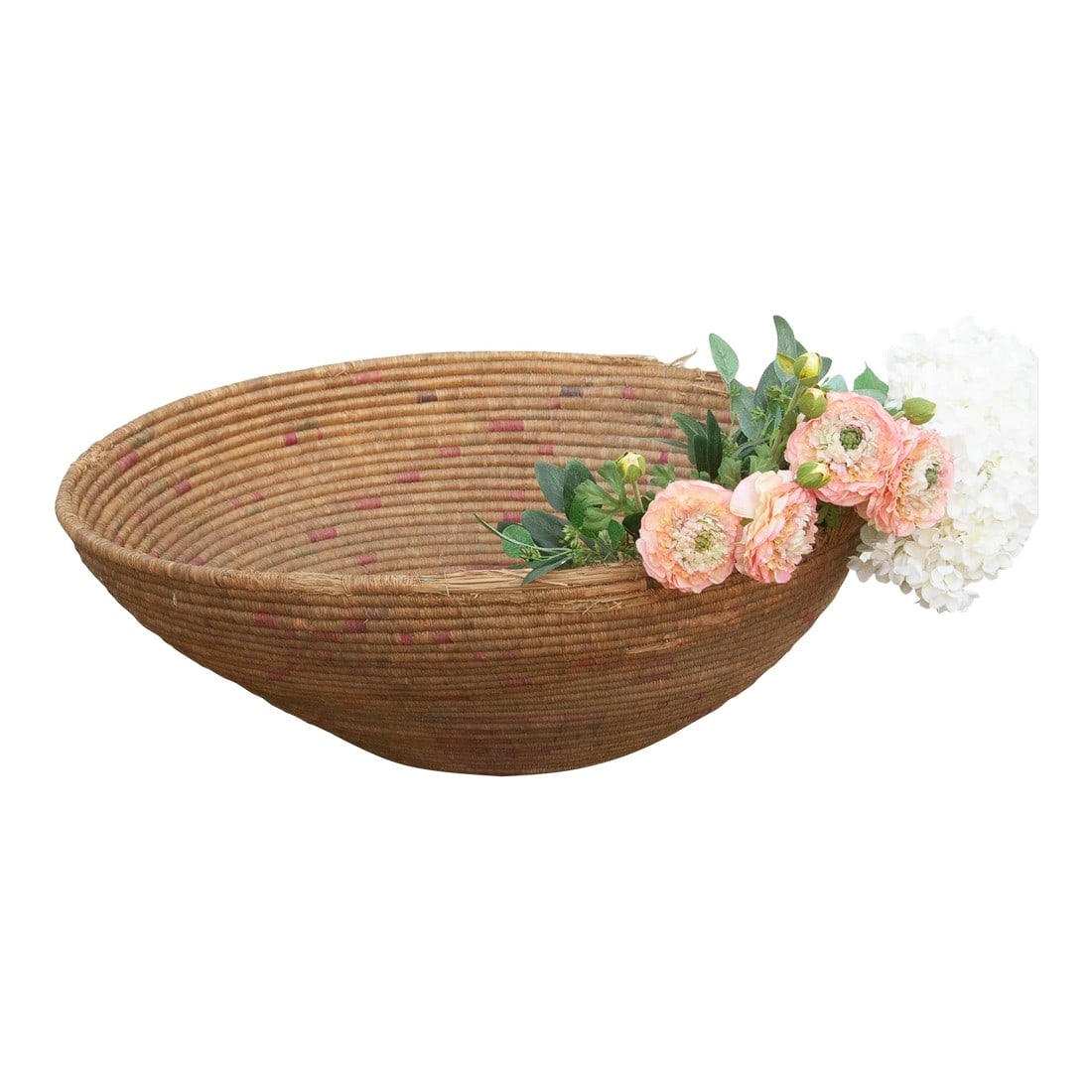 Impressive 31" Dm Crimson Motif Antique Basket: At a commanding 31 inches wide, this oversized nomadic winnowing bowl is a breathtaking artifact of functional tribal history. In traditional agrarian communities, shallow vessels of this monumental s