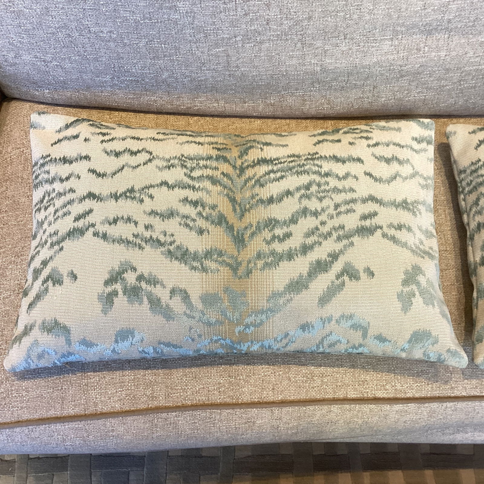 New Pair of Cowtan & Tout Blue and Cream Tiger Print Lumbar Pillows - 2