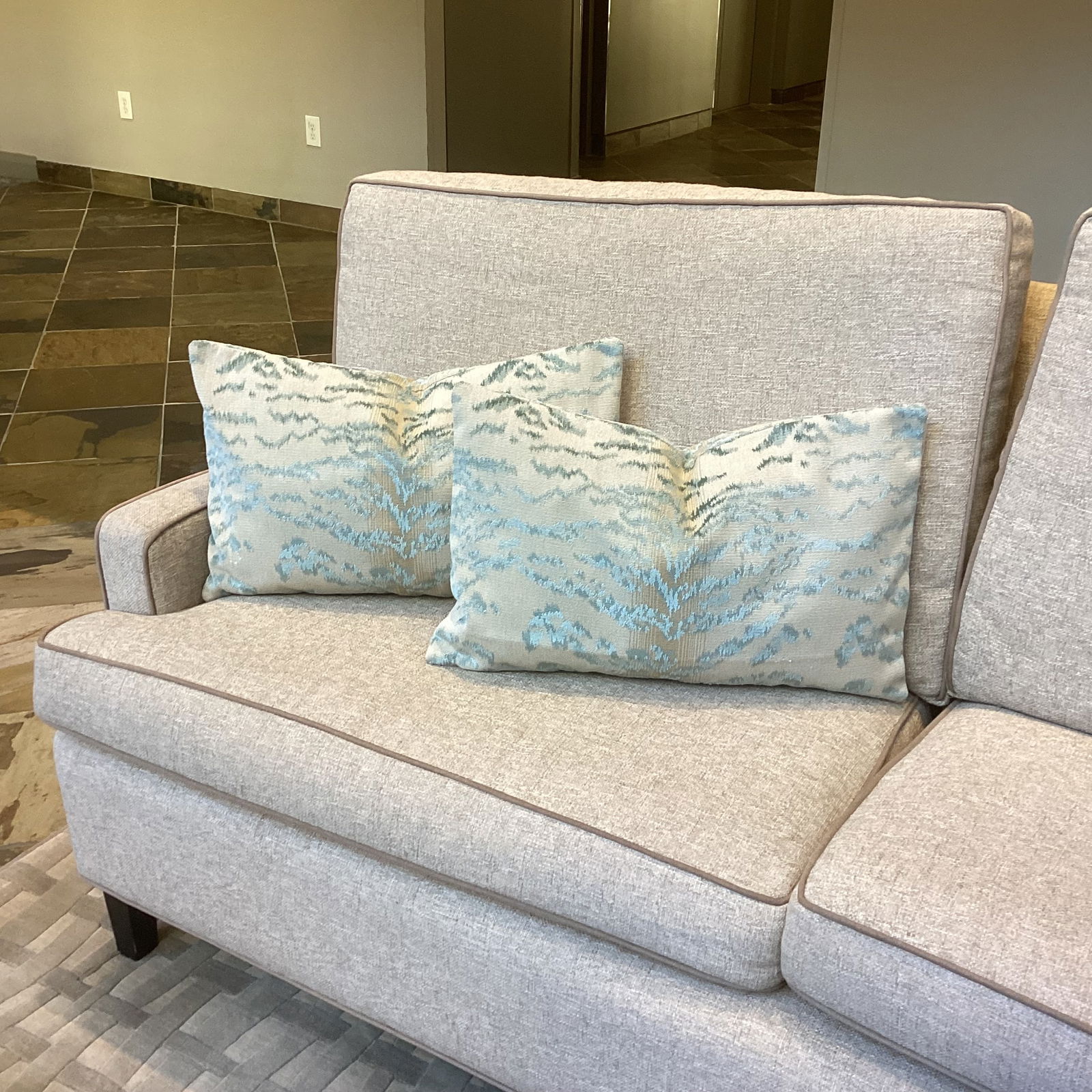 New Pair of Cowtan & Tout Blue and Cream Tiger Print Lumbar Pillows - 7