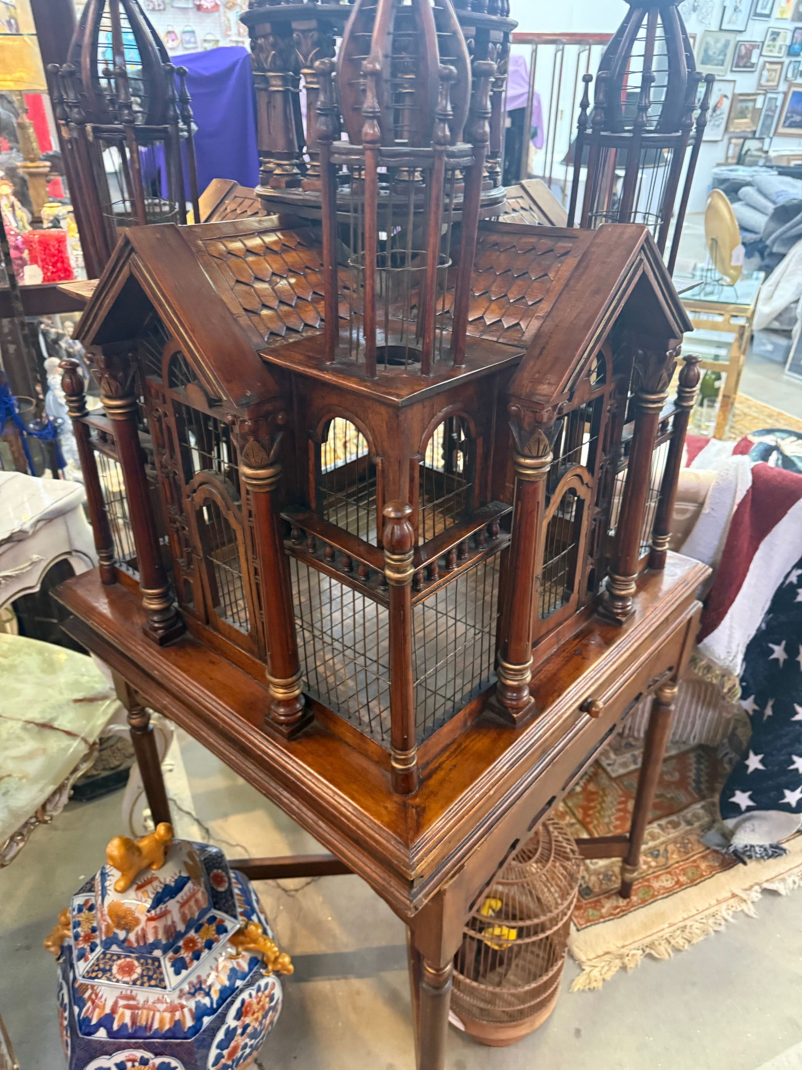 Rare Antique Victorian Architectural Large Dome Top Wooden and Metal Birdcage - 7