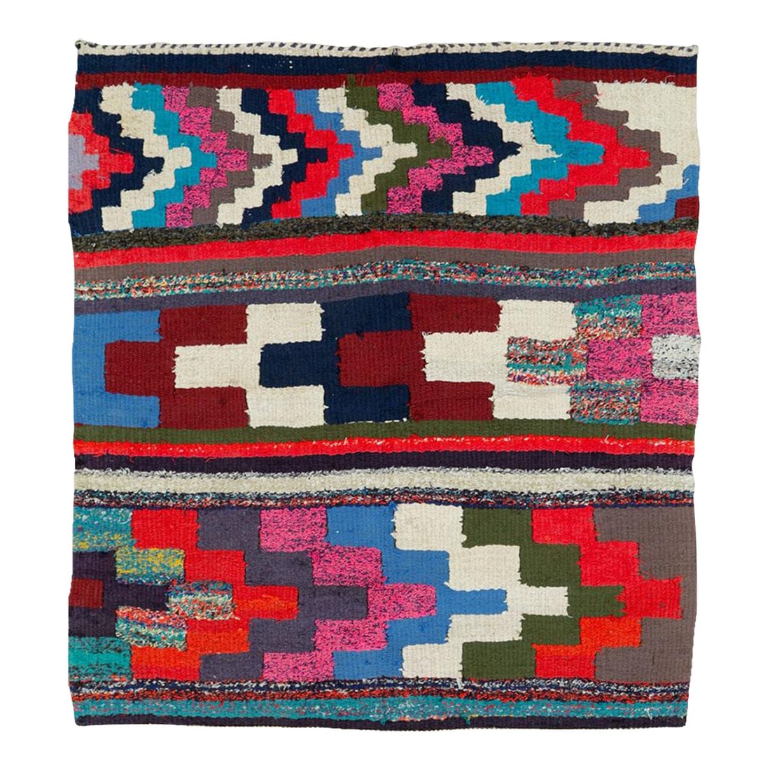 Galerie Shabab Collection Mid-20th Century Persian Flatweave Kilim Rug: This mid-20th century Persian flatweave kilim rug is a vivid expression of tribal design, characterized by its bold geometry and rhythmic horizontal structure. Woven in the traditional slit-tapestry