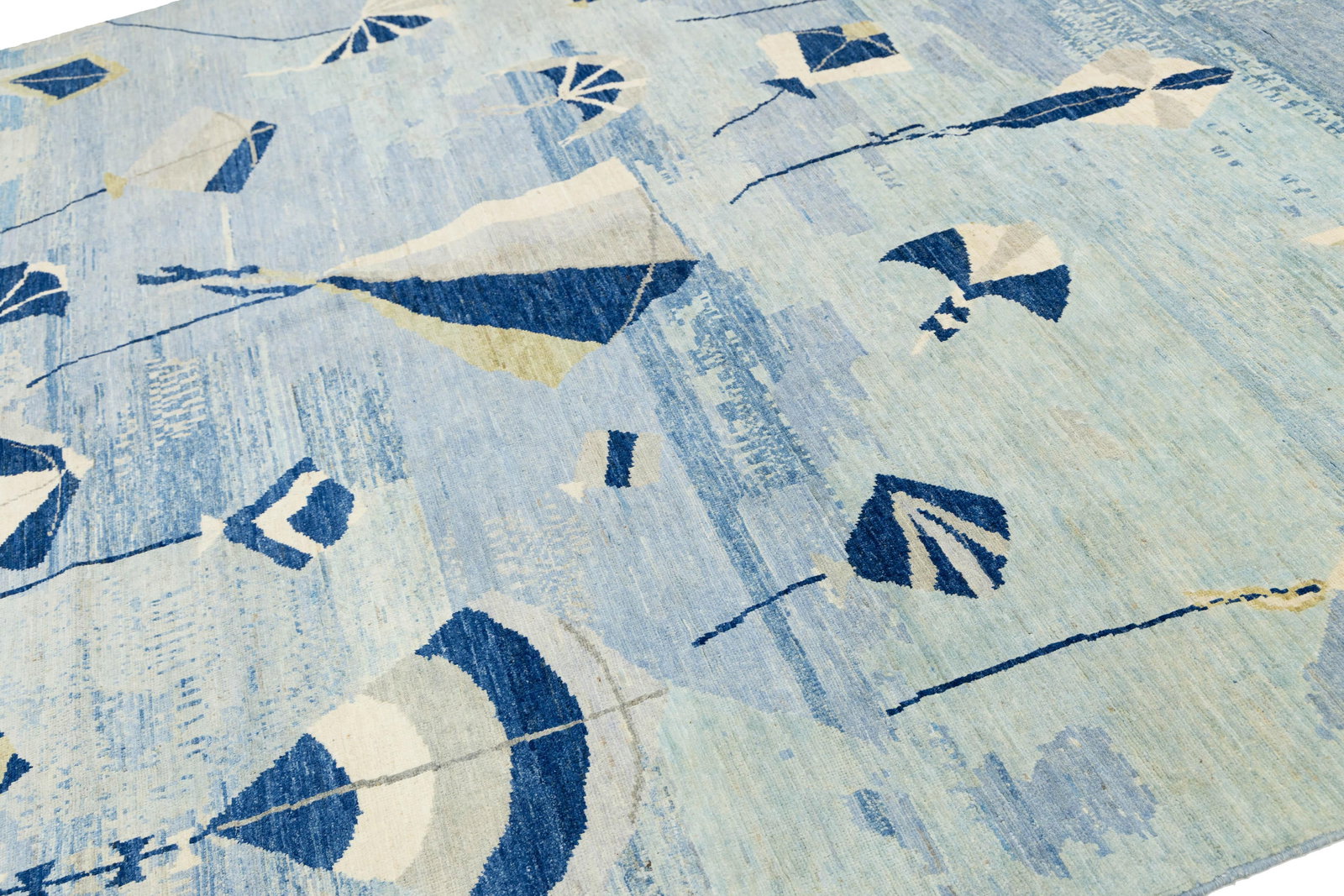 Whimsical Modern Blue & Ivory Kite Motif Hand-Knotted Wool Rug - 5