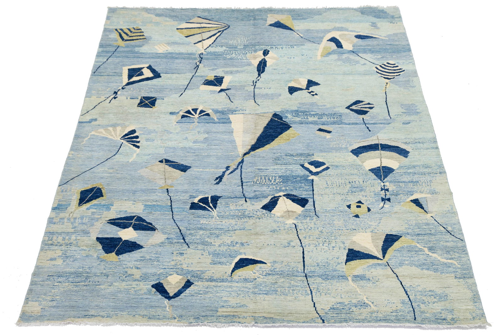 Whimsical Modern Blue & Ivory Kite Motif Hand-Knotted Wool Rug - 8