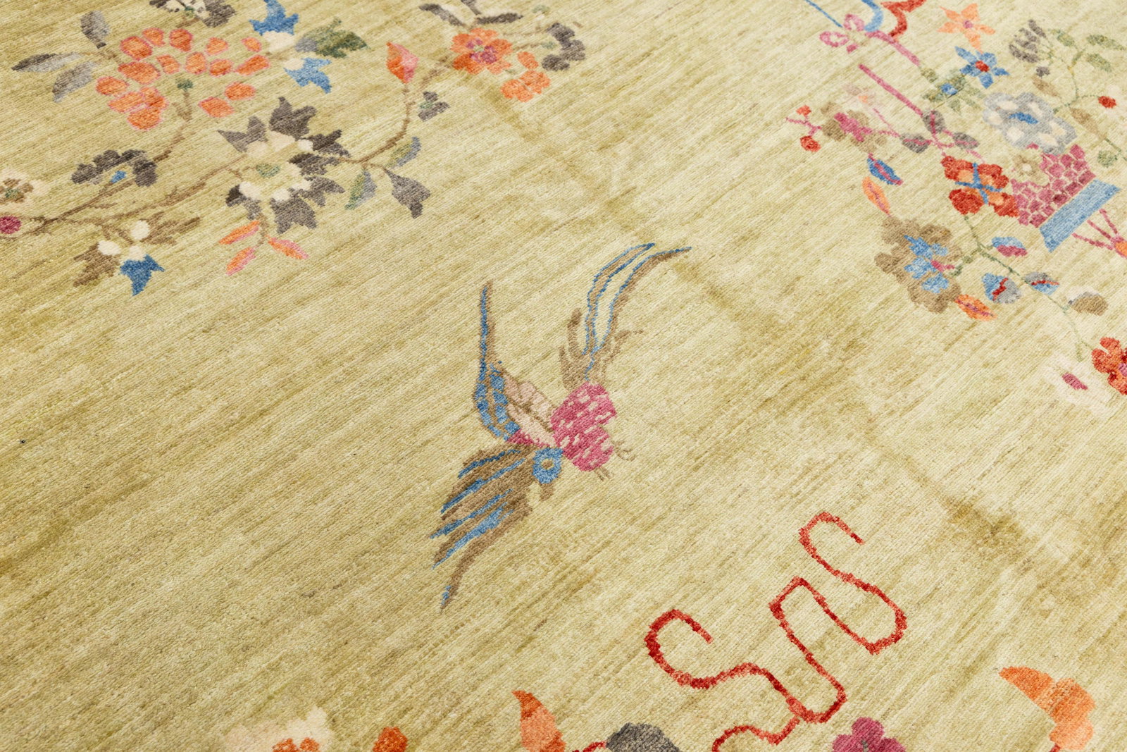 Sage Green Modern Chinese Style Wool Area Rug – Hand-Knotted Chinoiserie Floral - 10