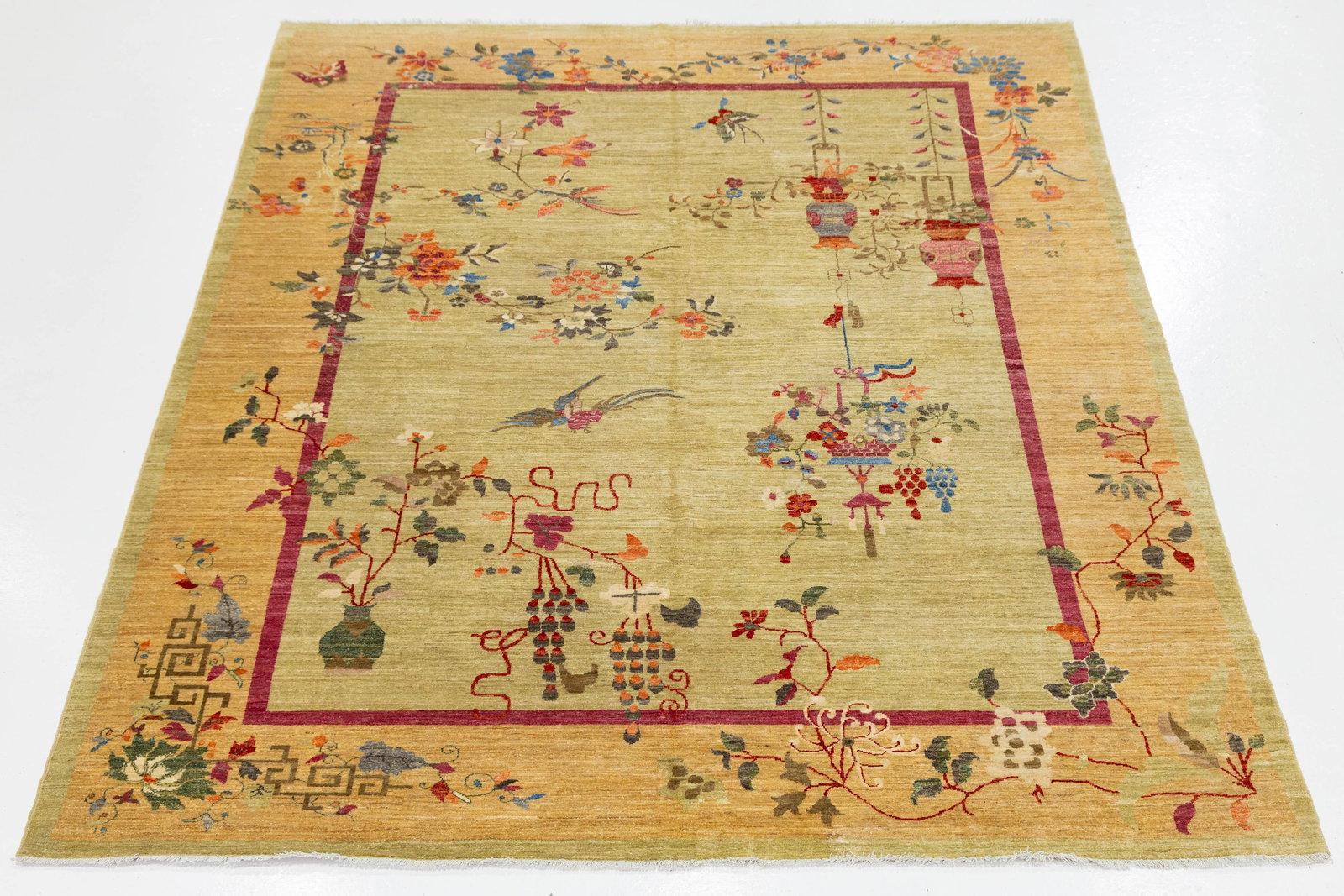 Sage Green Modern Chinese Style Wool Area Rug – Hand-Knotted Chinoiserie Floral - 2
