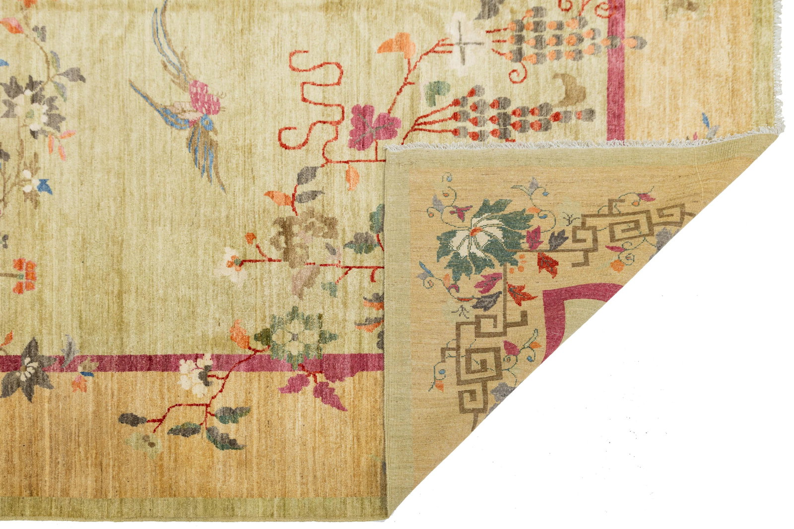 Sage Green Modern Chinese Style Wool Area Rug – Hand-Knotted Chinoiserie Floral - 3