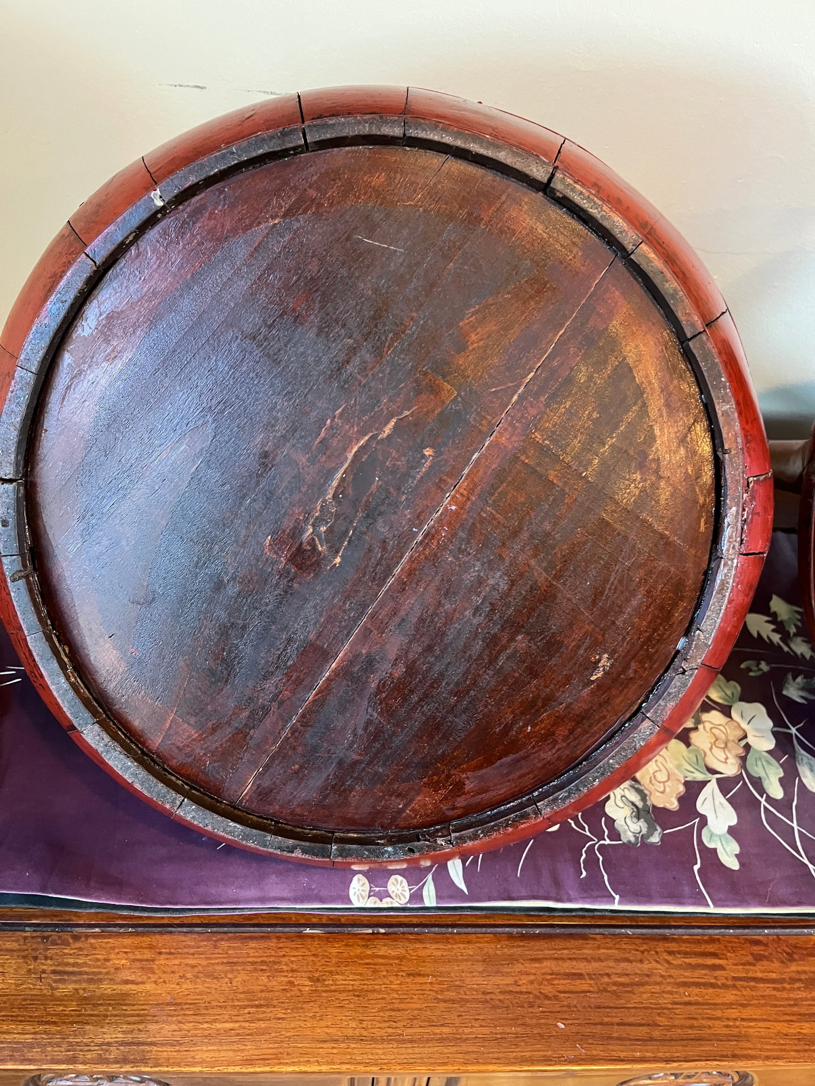 Pair Antique Chinese Cinnabar Red Lacquer Wedding Buckets Gilt Carved - 8