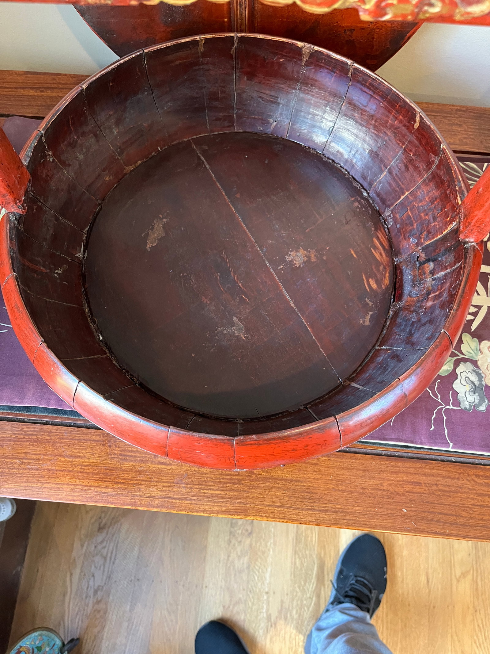 Pair Antique Chinese Cinnabar Red Lacquer Wedding Buckets Gilt Carved - 9