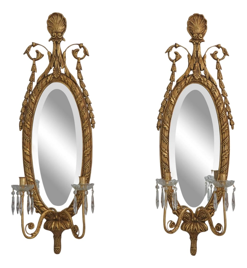 Pair Friedman Brothers Gold Gilt Candelabra Sconces: Age: Approx: 30 Years Old Details: 9D Gold Finish Beveled Glass Mirror High Quality Construction Crystal Prisms & Bobaches Regency Style Offered @ Fraction Original Retail Cost Condition: