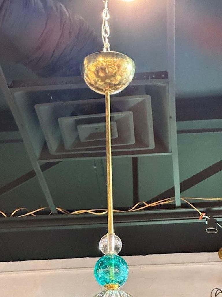 Pair of Modern Champagne Colored and Teal Murano Glass Pendants - 2