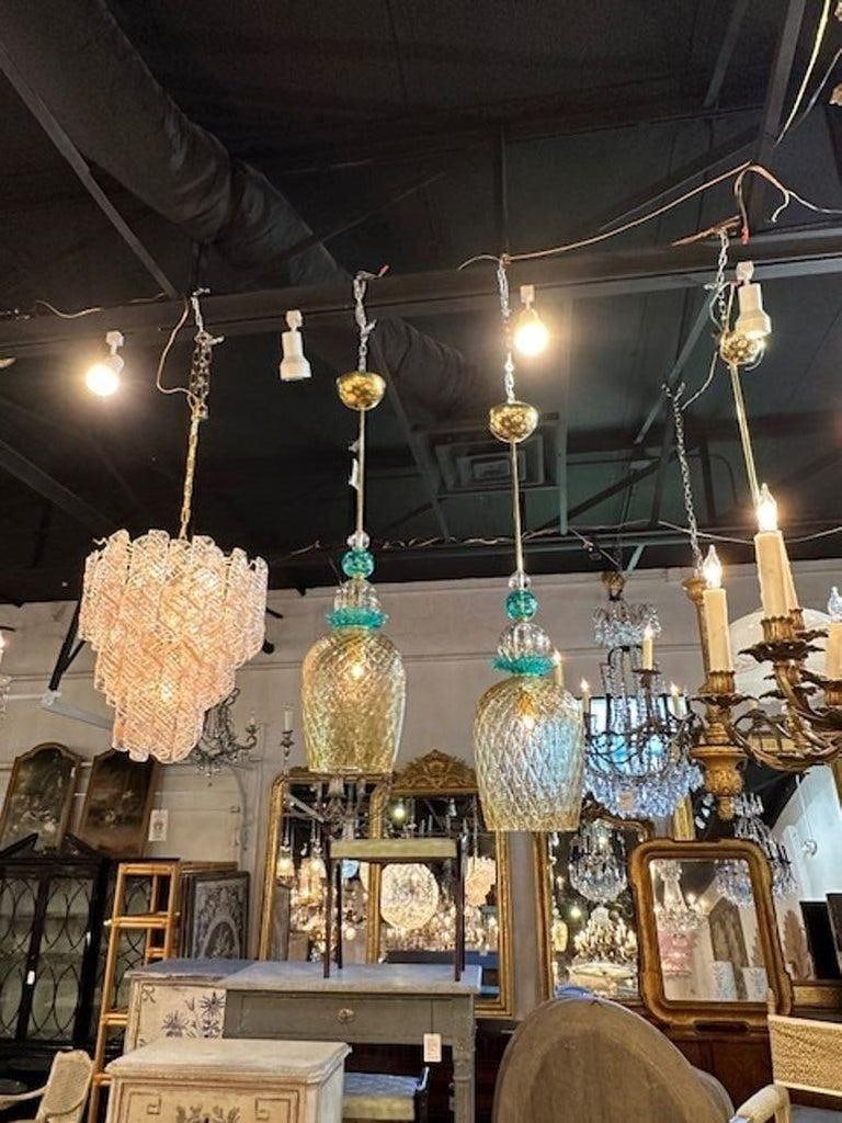 Pair of Modern Champagne Colored and Teal Murano Glass Pendants - 5