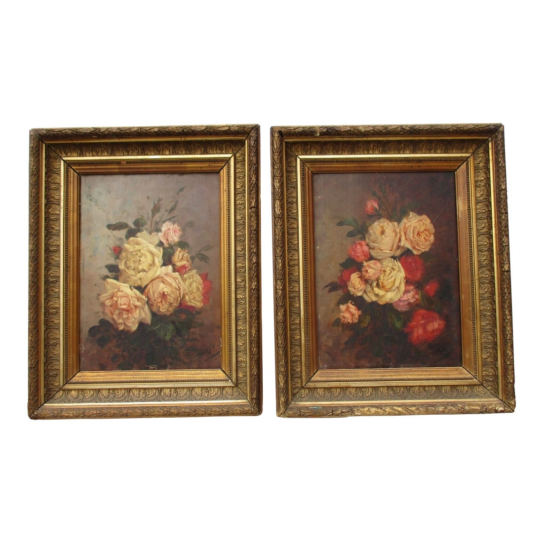 Rose Bouquets Paintings by Louis Darey -- A Pair of 2: Matching pair of Rose bouquets by Louis Darey, France ( 1863-1914). Lavish arrangement of cabbage roses in a color array of pink to soft red. A subject, she seldom painted, animals being the most