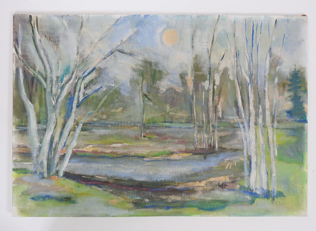 Mid 20th Century Impressionist Plein Air Birch Trees and Pond Landscape Painting - 6