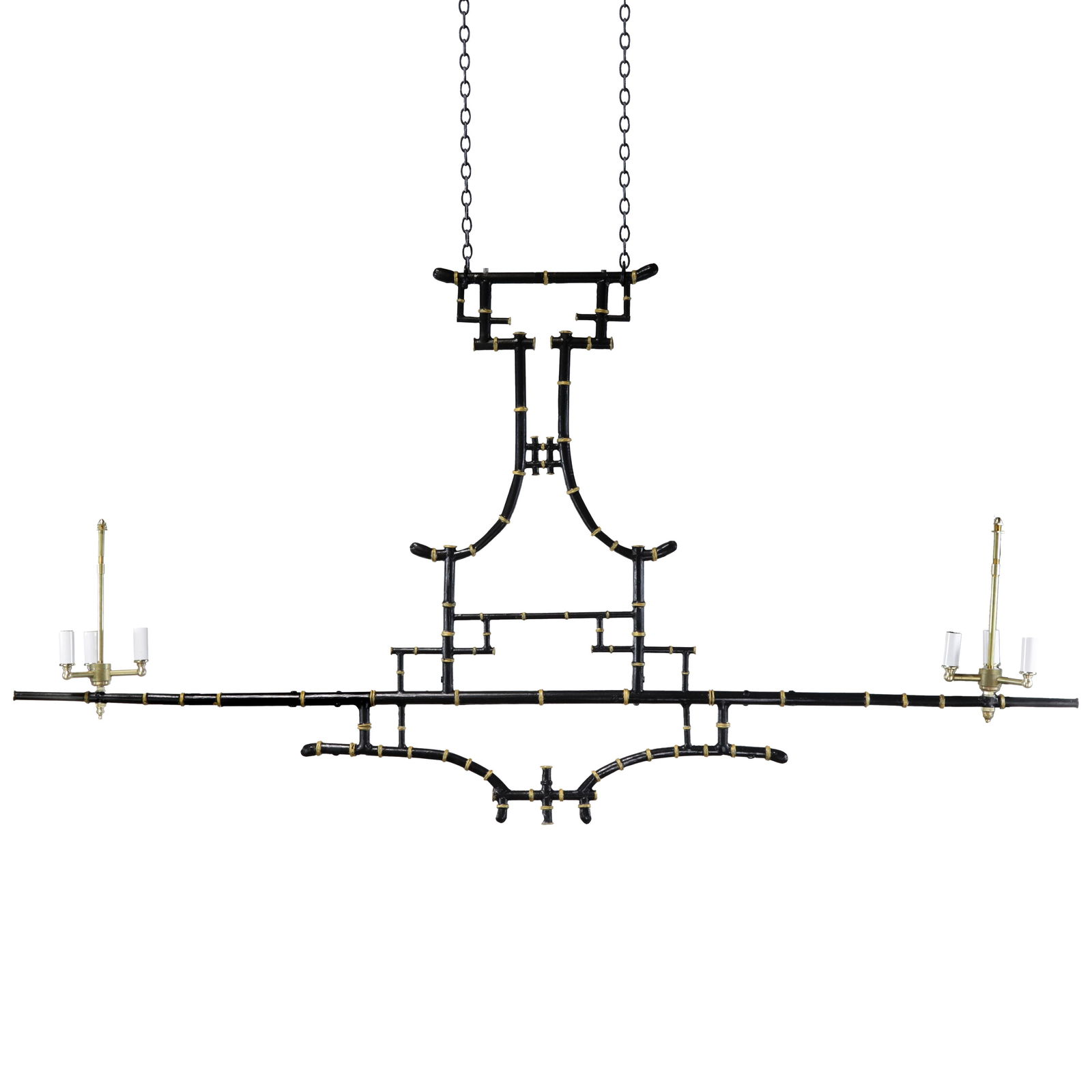 Vintage Chinoiserie Faux Bamboo Pagoda Chandelier Black and Gold Linear Island Pendant Light - 2