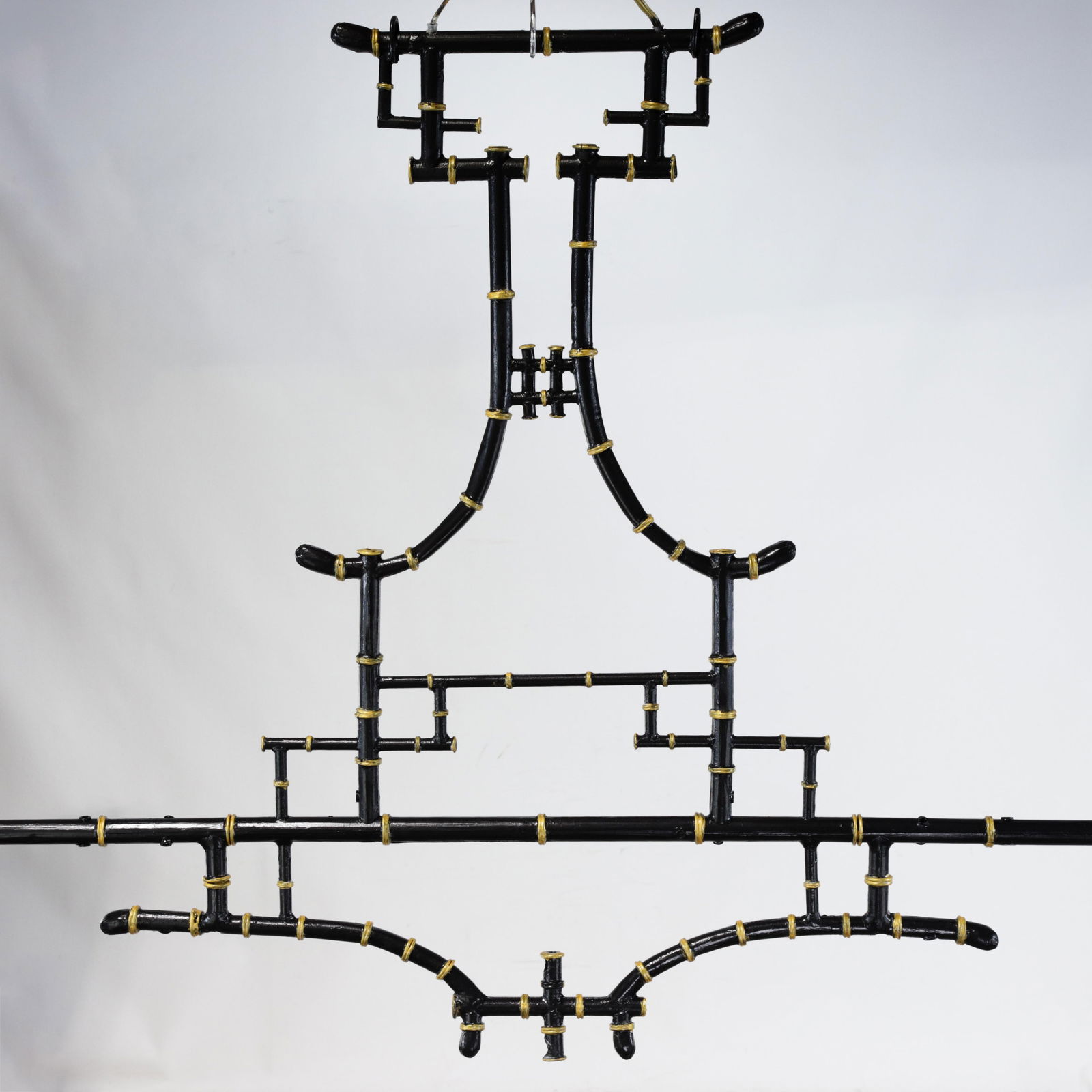 Vintage Chinoiserie Faux Bamboo Pagoda Chandelier Black and Gold Linear Island Pendant Light - 3