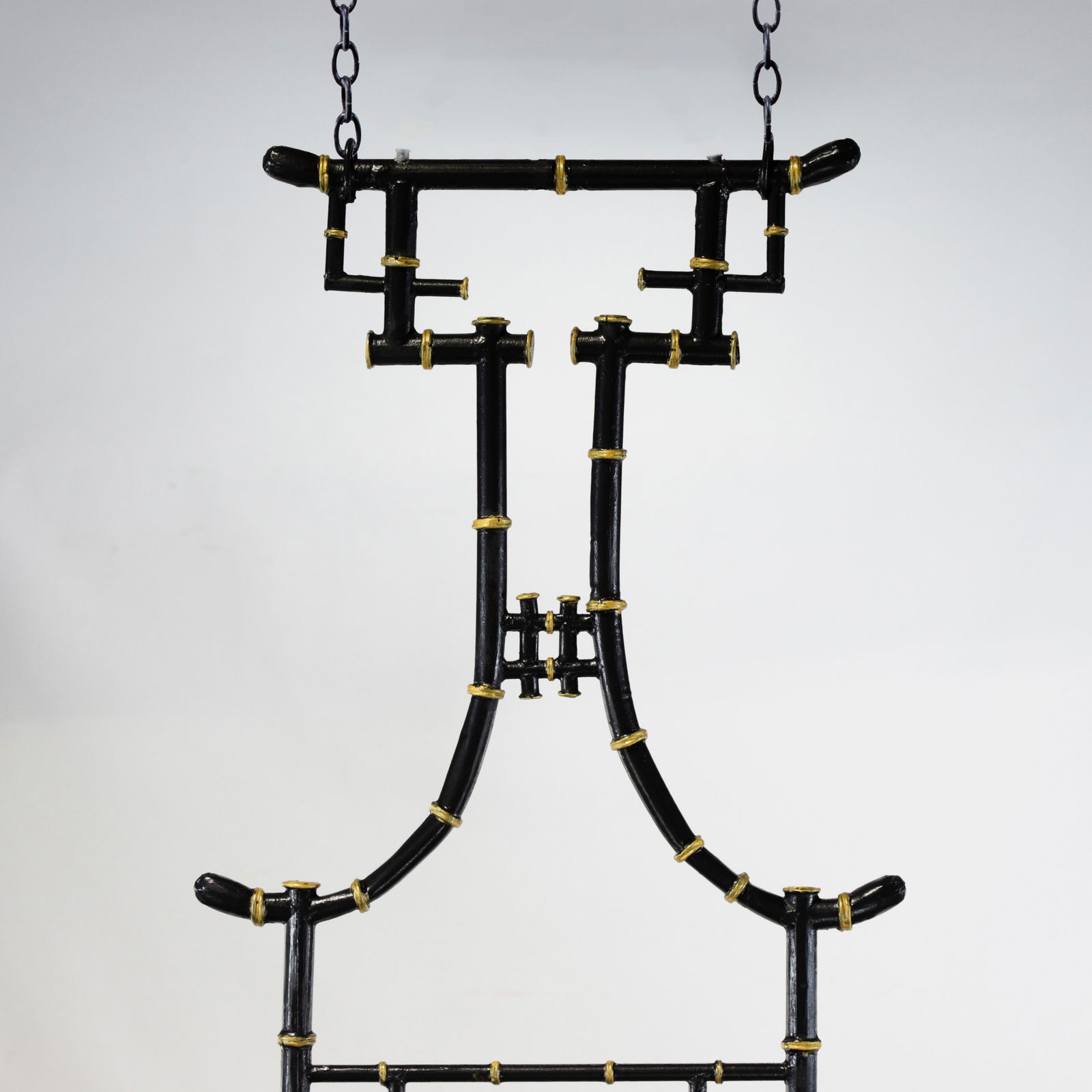 Vintage Chinoiserie Faux Bamboo Pagoda Chandelier Black and Gold Linear Island Pendant Light - 4
