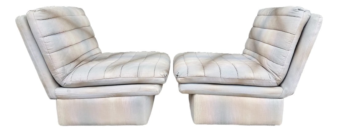 Pair of Channeled Slipper Chairs by Bernhardt Flair Division From 80's: Pair of vintage lounge chairs from the Flair Division of Bernhardt Furniture, a line introduced in 1958 to expand the company's upholstered furniture offerings. These armless, channeled designs