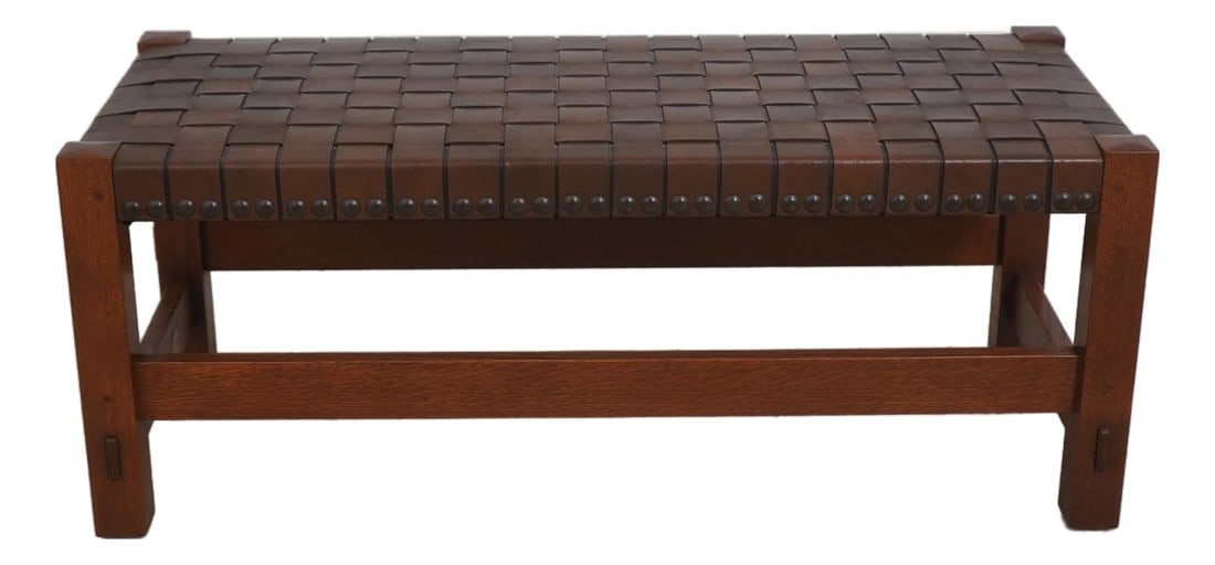 Stickley Mission Oak Leather Woven Seat Bench: Age: C.2014 Details: Finish no.32 High Quality Construction Solid Oak High Quality Leather Woven Seat Arts & Crafts Style Rare Model Offered @ Fraction Original Retail Cost Condition: Excellent