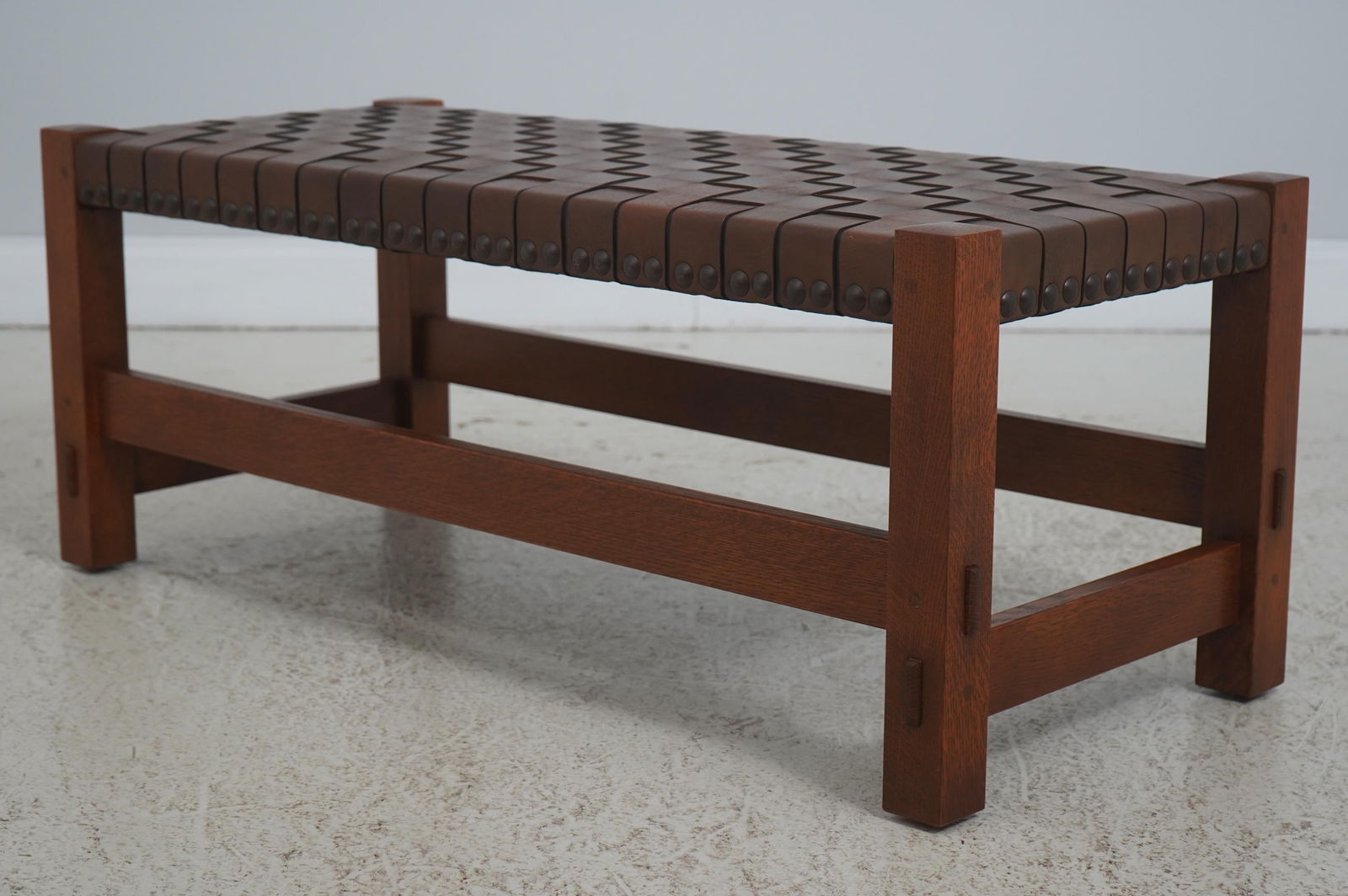 Stickley Mission Oak Leather Woven Seat Bench - 3