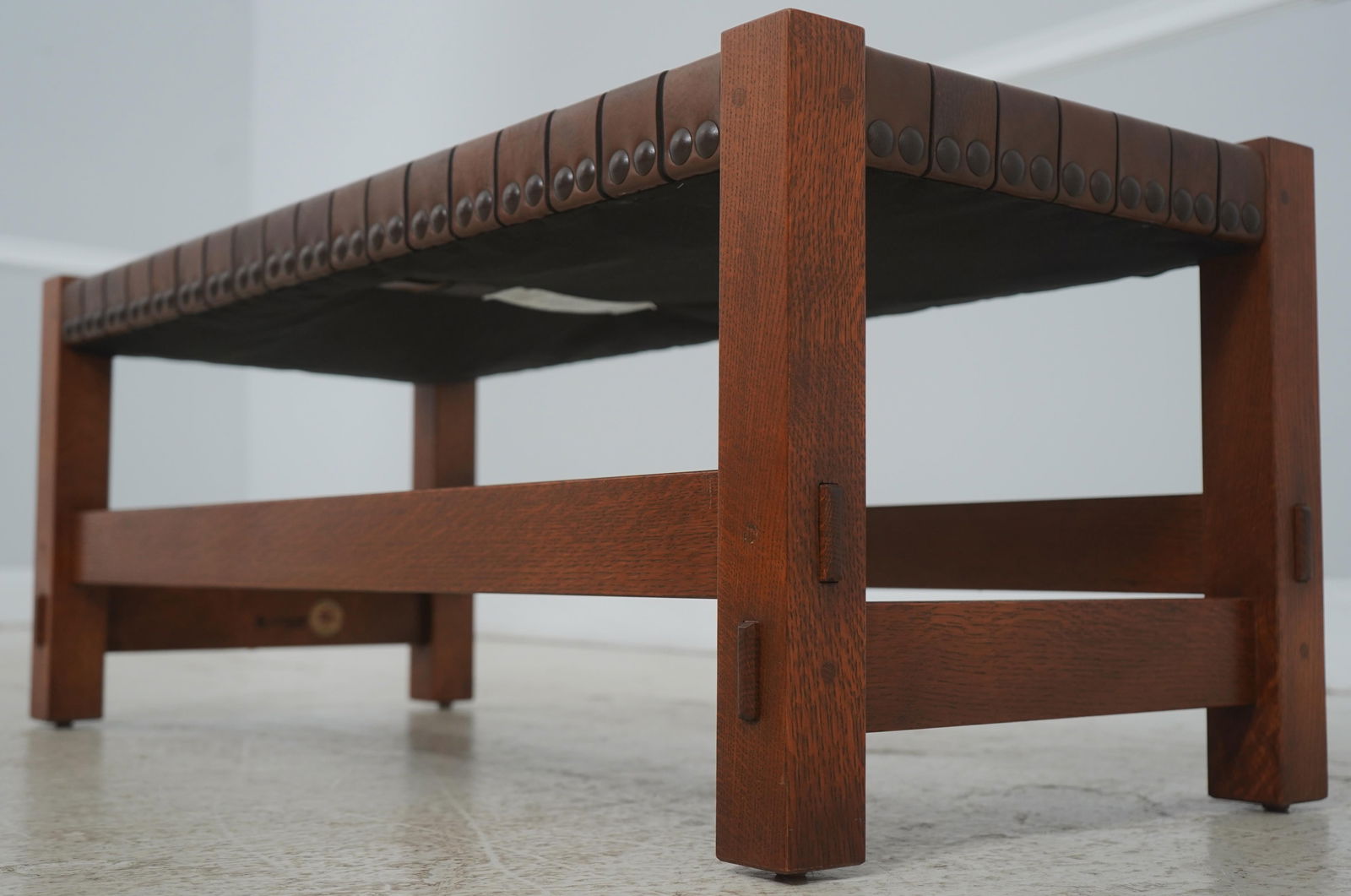 Stickley Mission Oak Leather Woven Seat Bench - 4