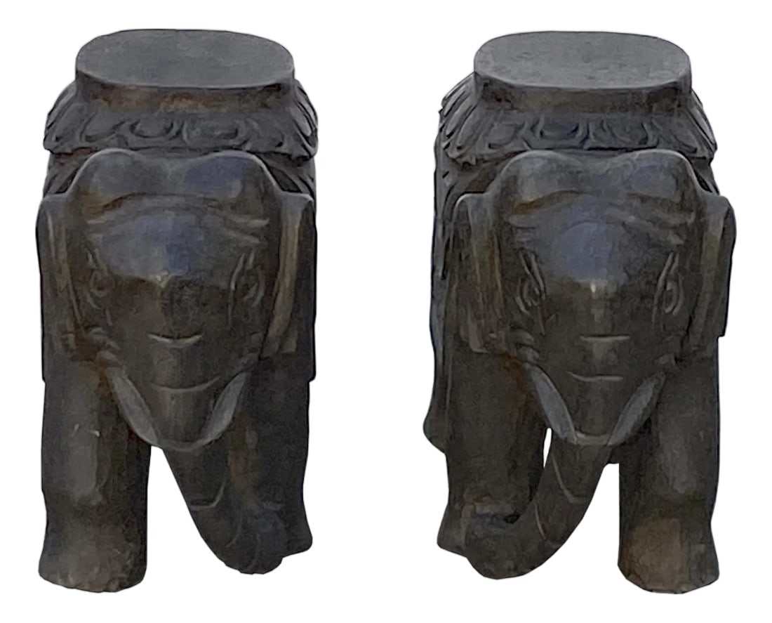 Chinese Small Pair Distressed Black Gray Stone Fengshui Elephant Statues (1 of 7)