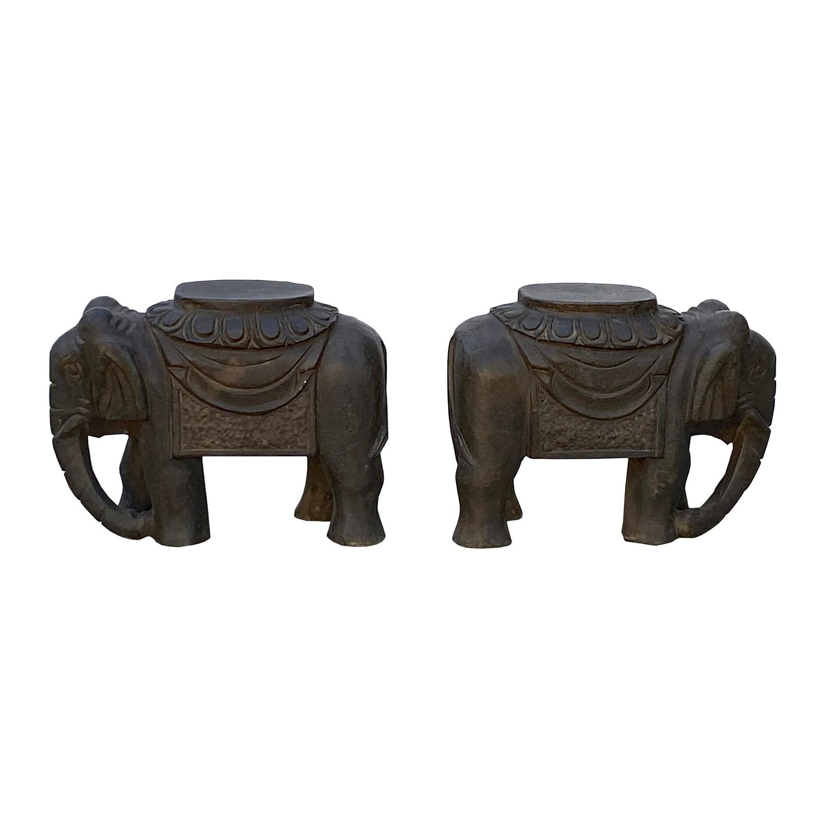 Chinese Small Pair Distressed Black Gray Stone Fengshui Elephant Statues - 2