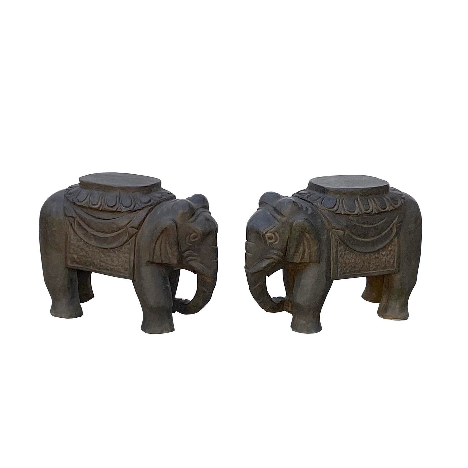 Chinese Small Pair Distressed Black Gray Stone Fengshui Elephant Statues - 3