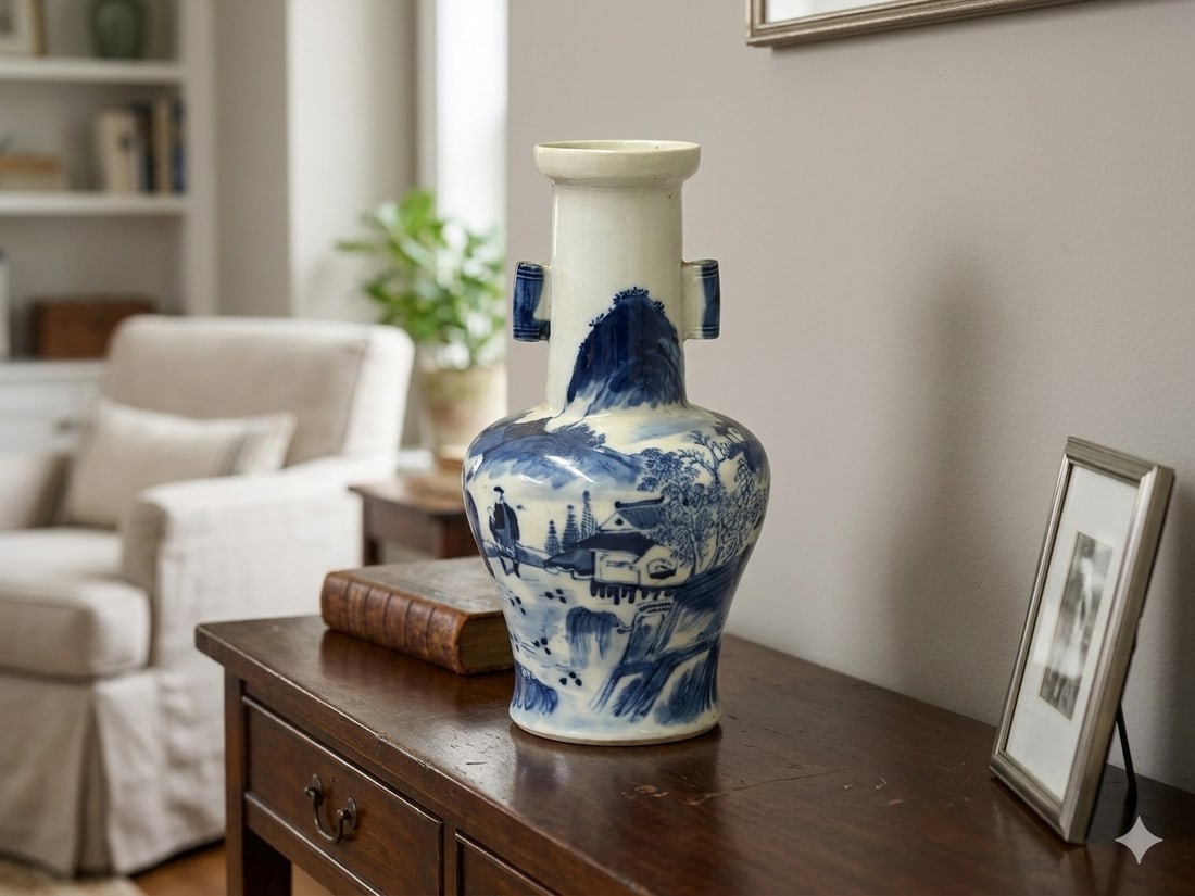 Oriental Small Blue White Scenery Graphic Porcelain Art Vase - 11