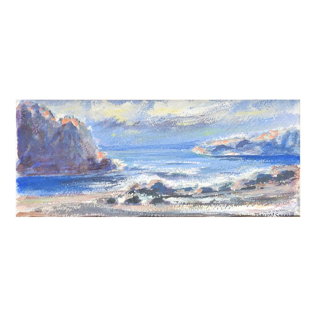 Mid 20th Century Rocky Coast Seascape Watercolor Painting: Mid 20th century watercolor on paper painting of a rocky coastline seascape. Signed Thomas Connell (20th c.) Wyoming lower right corner. Unframed, displayed under gray mat and backing, opening size