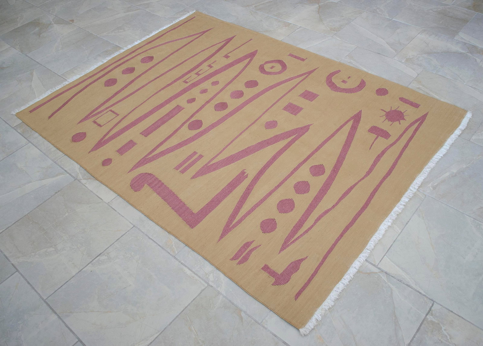 Handmade Modern Silk Rug Paul Klee Inspired Oushak Kilim Modernist Bauhaus Style Pink Beige 4x6 Ft A - 15