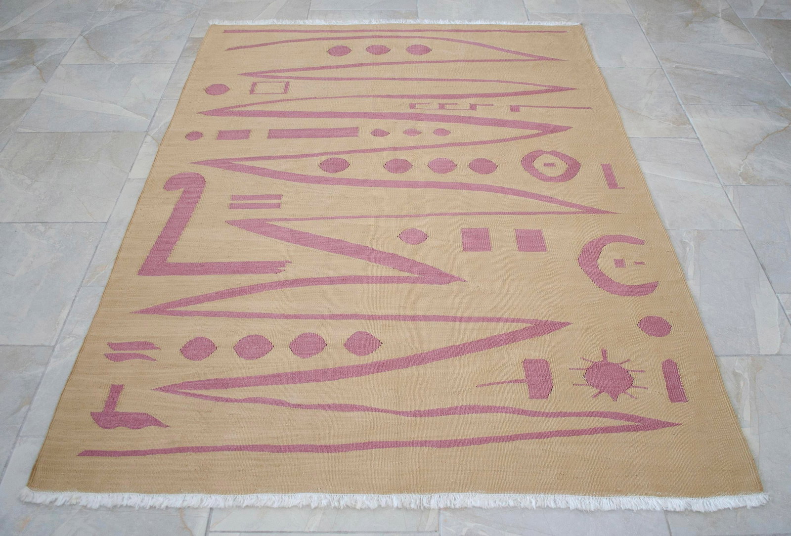 Handmade Modern Silk Rug Paul Klee Inspired Oushak Kilim Modernist Bauhaus Style Pink Beige 4x6 Ft A - 16
