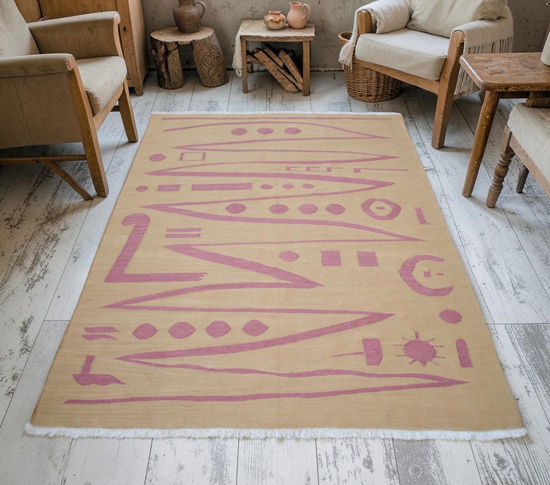 Handmade Modern Silk Rug Paul Klee Inspired Oushak Kilim Modernist Bauhaus Style Pink Beige 4x6 Ft A - 3