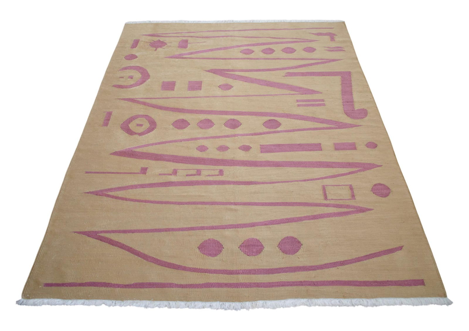 Handmade Modern Silk Rug Paul Klee Inspired Oushak Kilim Modernist Bauhaus Style Pink Beige 4x6 Ft A - 5