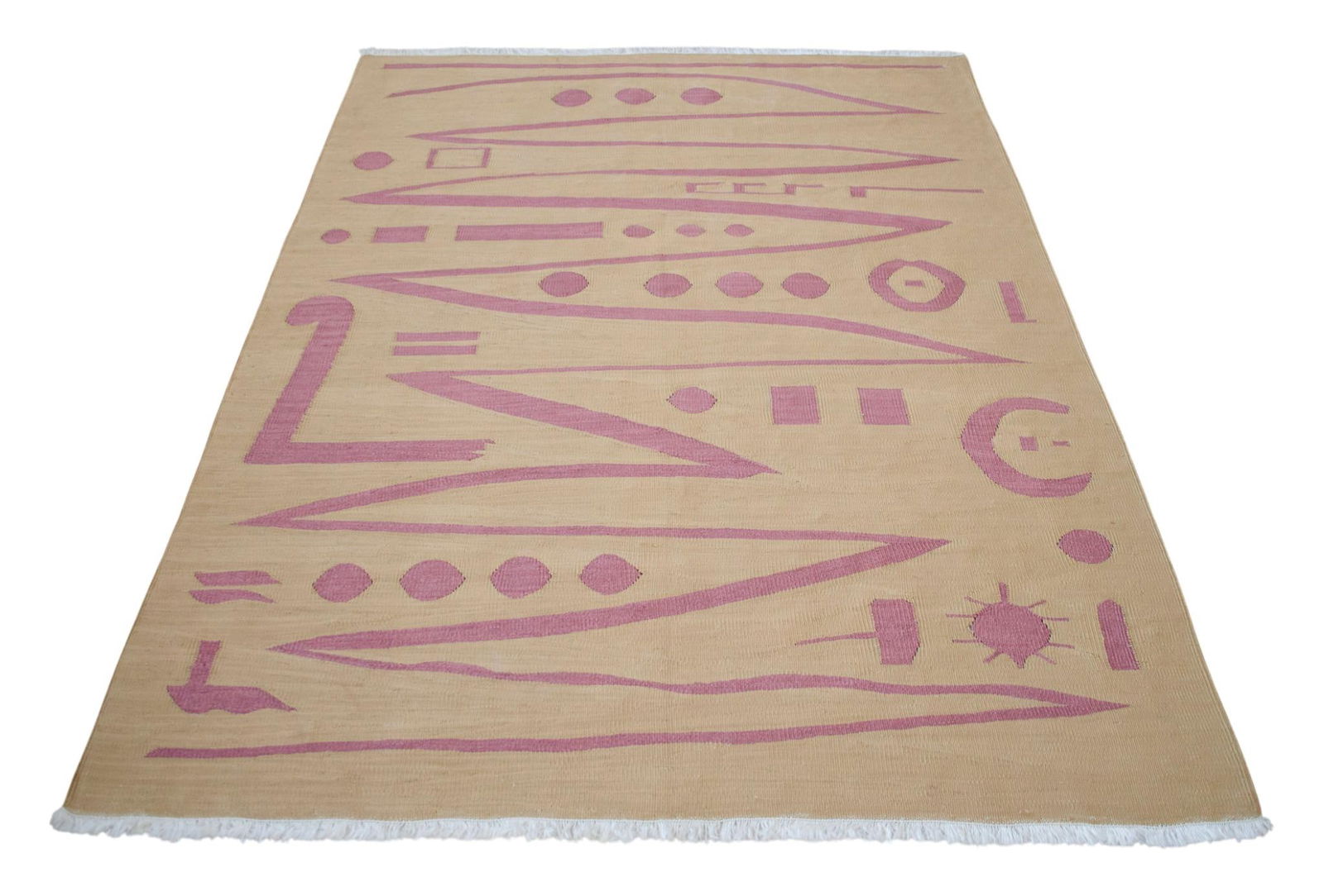 Handmade Modern Silk Rug Paul Klee Inspired Oushak Kilim Modernist Bauhaus Style Pink Beige 4x6 Ft A - 7
