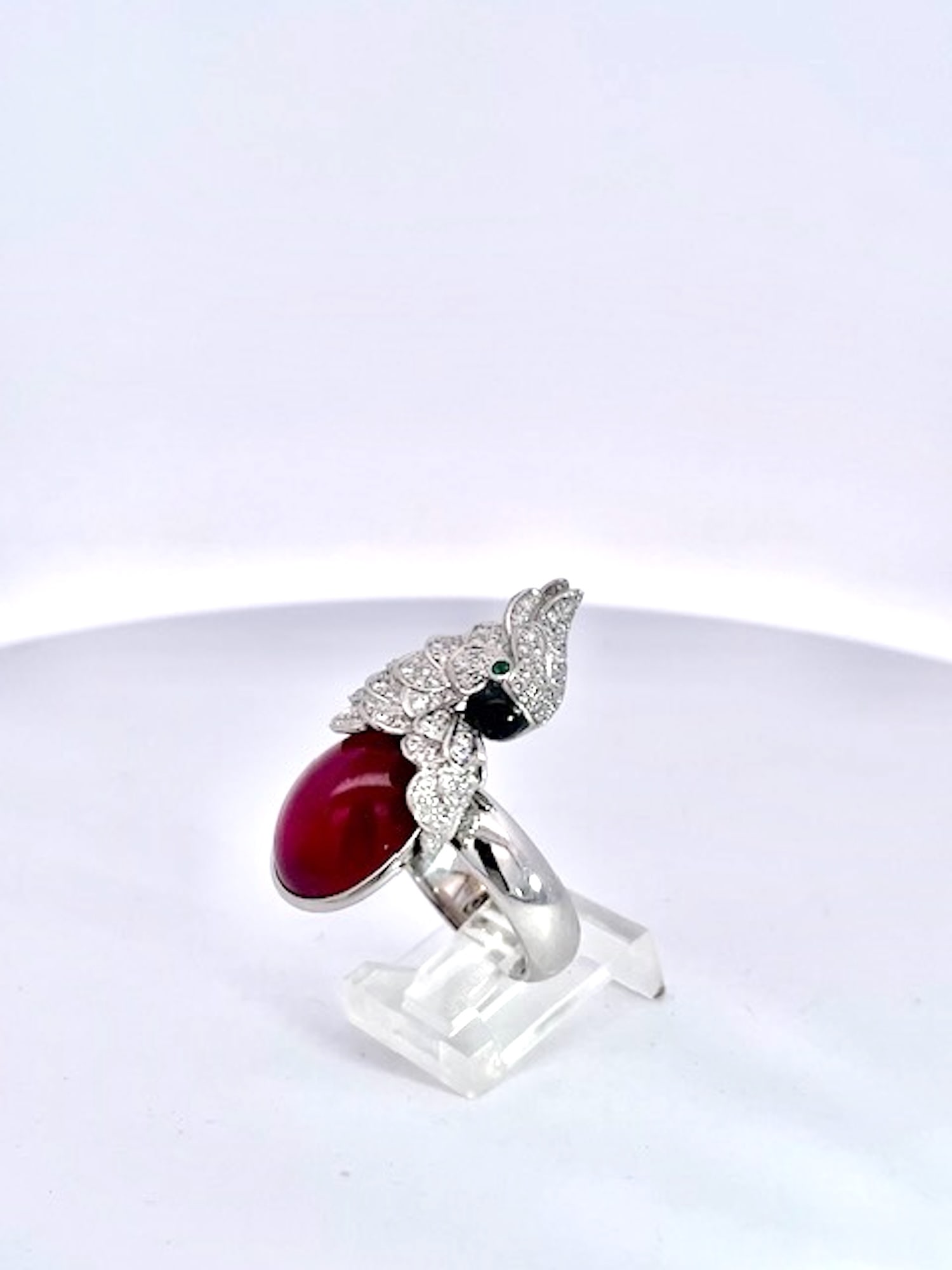 Large Oval Ruby Cabochon and Diamond Parrot Ring, Size 6.5 - 3