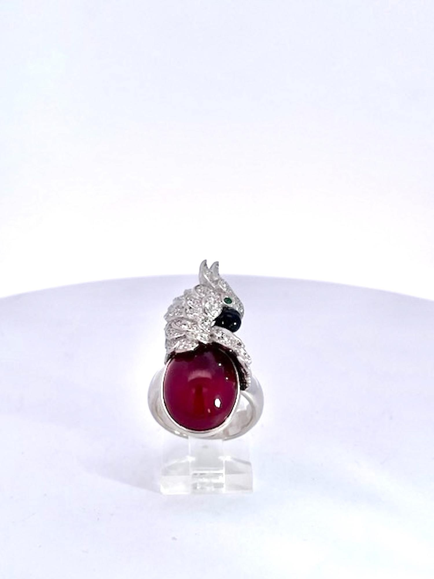 Large Oval Ruby Cabochon and Diamond Parrot Ring, Size 6.5 - 5