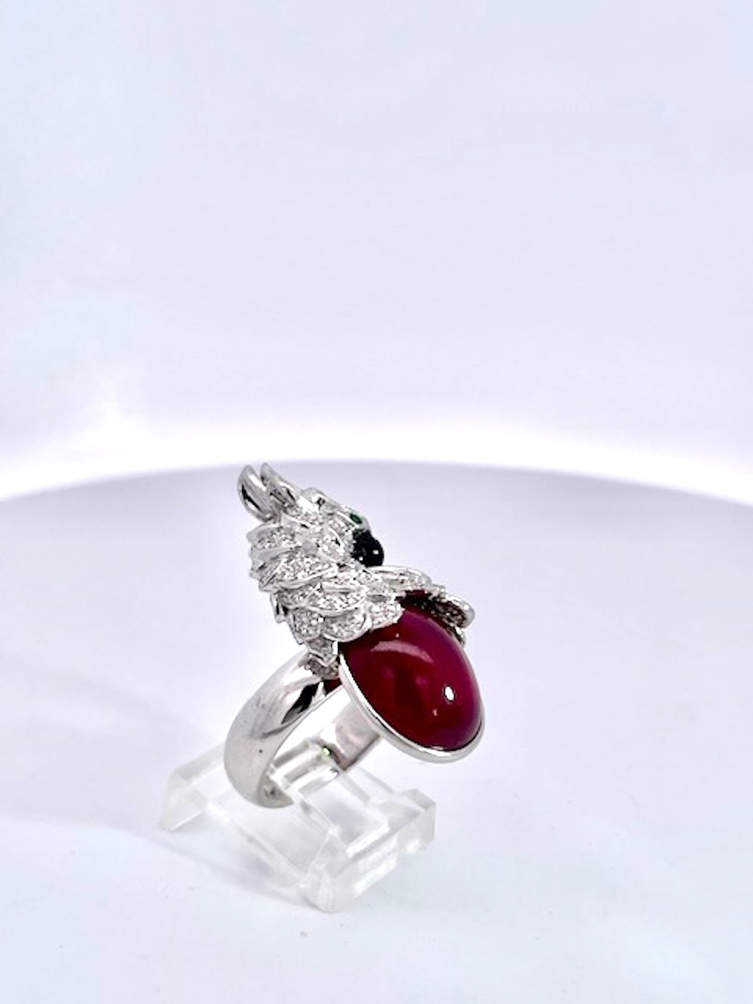 Large Oval Ruby Cabochon and Diamond Parrot Ring, Size 6.5 - 6