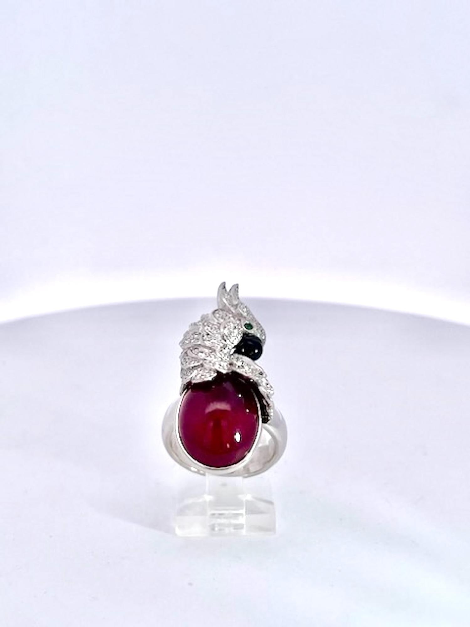 Large Oval Ruby Cabochon and Diamond Parrot Ring, Size 6.5 - 7
