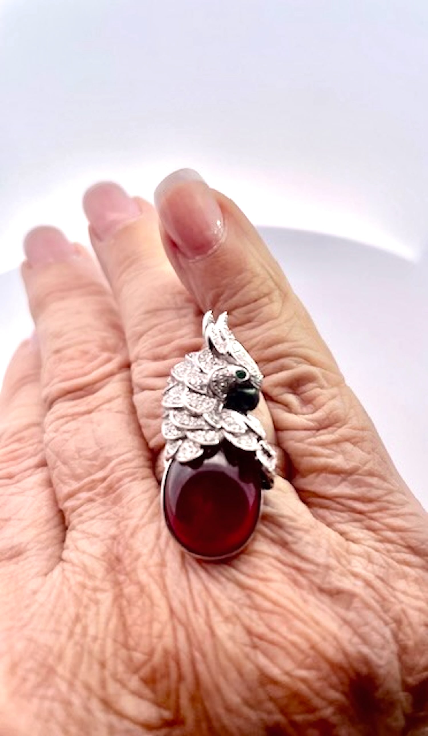 Large Oval Ruby Cabochon and Diamond Parrot Ring, Size 6.5 - 8