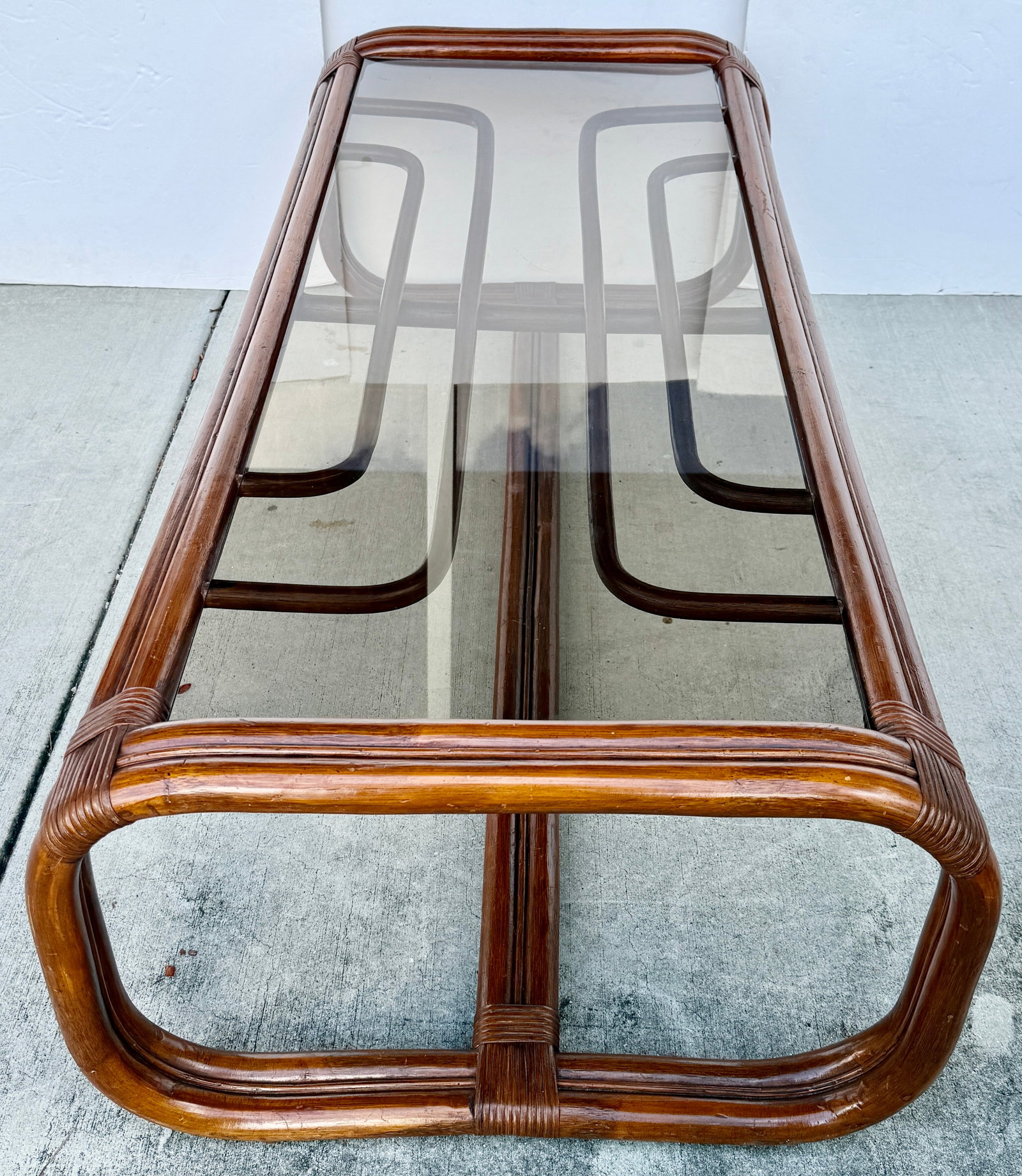 Geometric Bentwood Rattan Coffee Table With Smoked Glass Top From 70's - 5