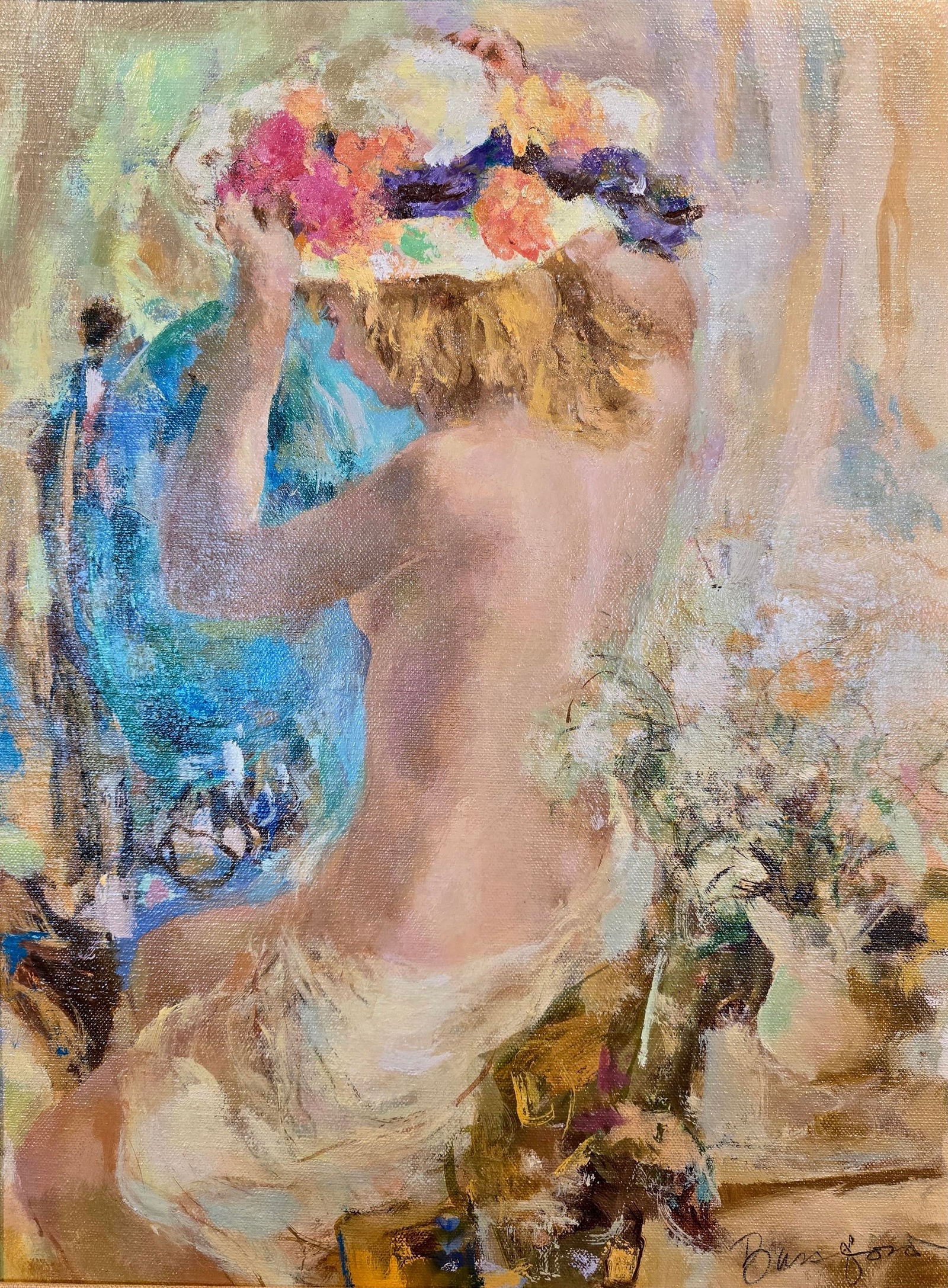 Wallace Bassford- Nude Girl Trying a Flowery Hat in the Mirror- Oil Painting - 3