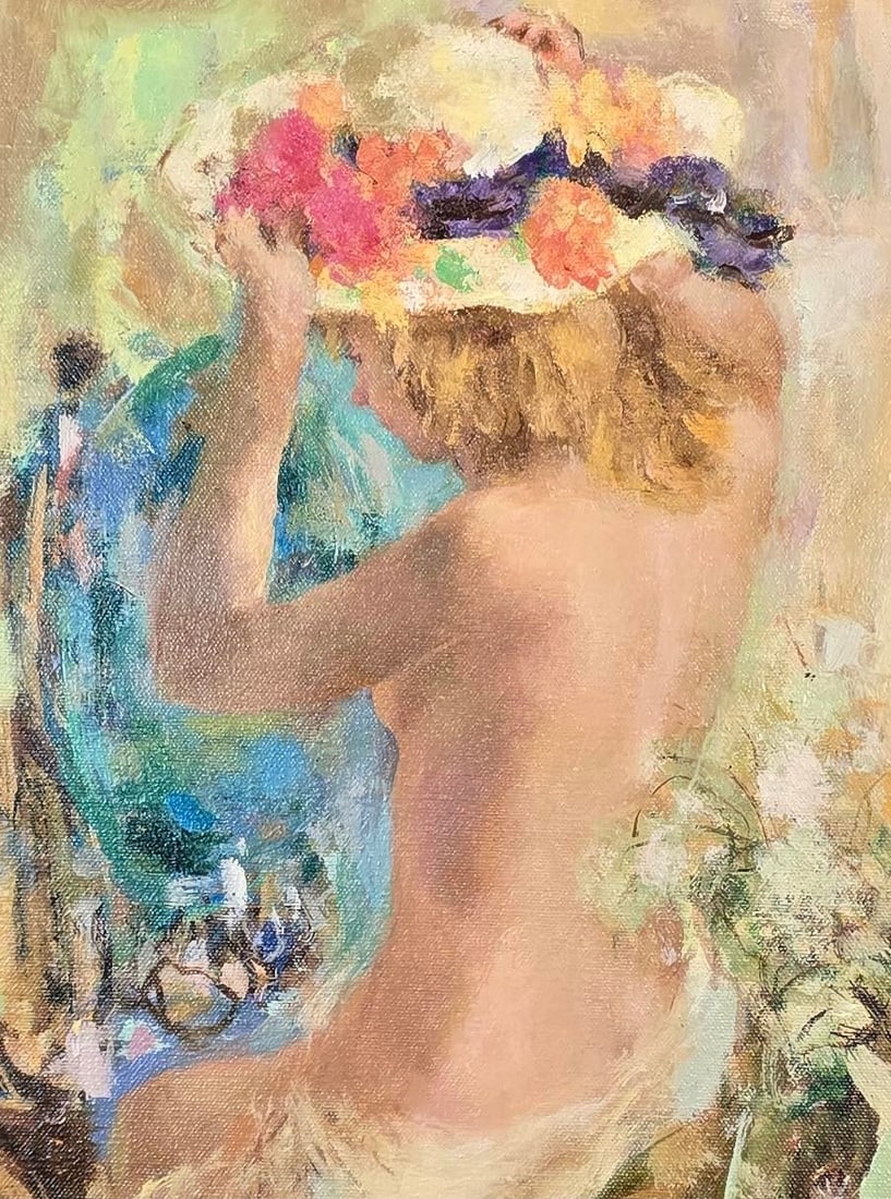 Wallace Bassford- Nude Girl Trying a Flowery Hat in the Mirror- Oil Painting - 4