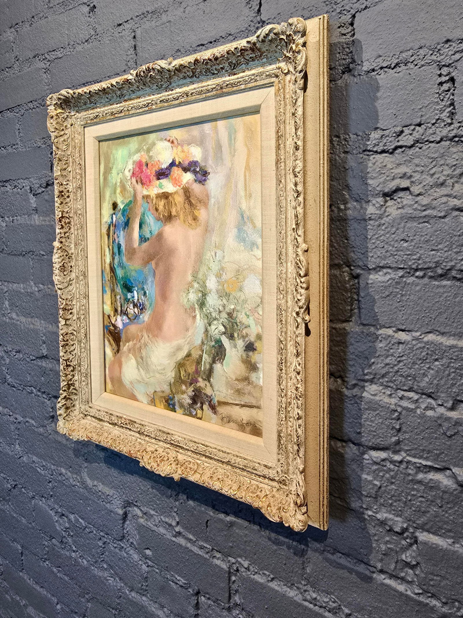 Wallace Bassford- Nude Girl Trying a Flowery Hat in the Mirror- Oil Painting - 5