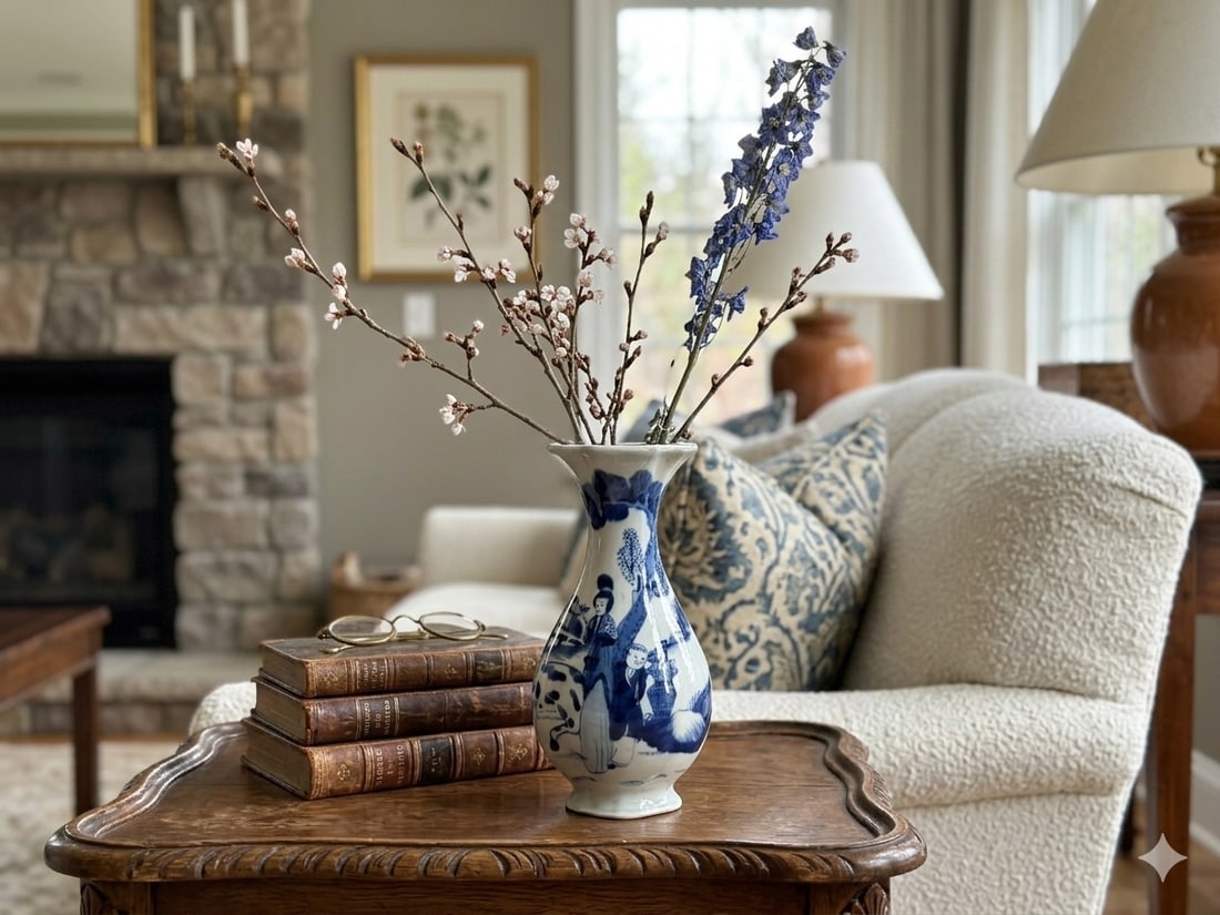 Oriental Small Blue White Scenery Graphic Flower Shape Porcelain Art Vase - 10