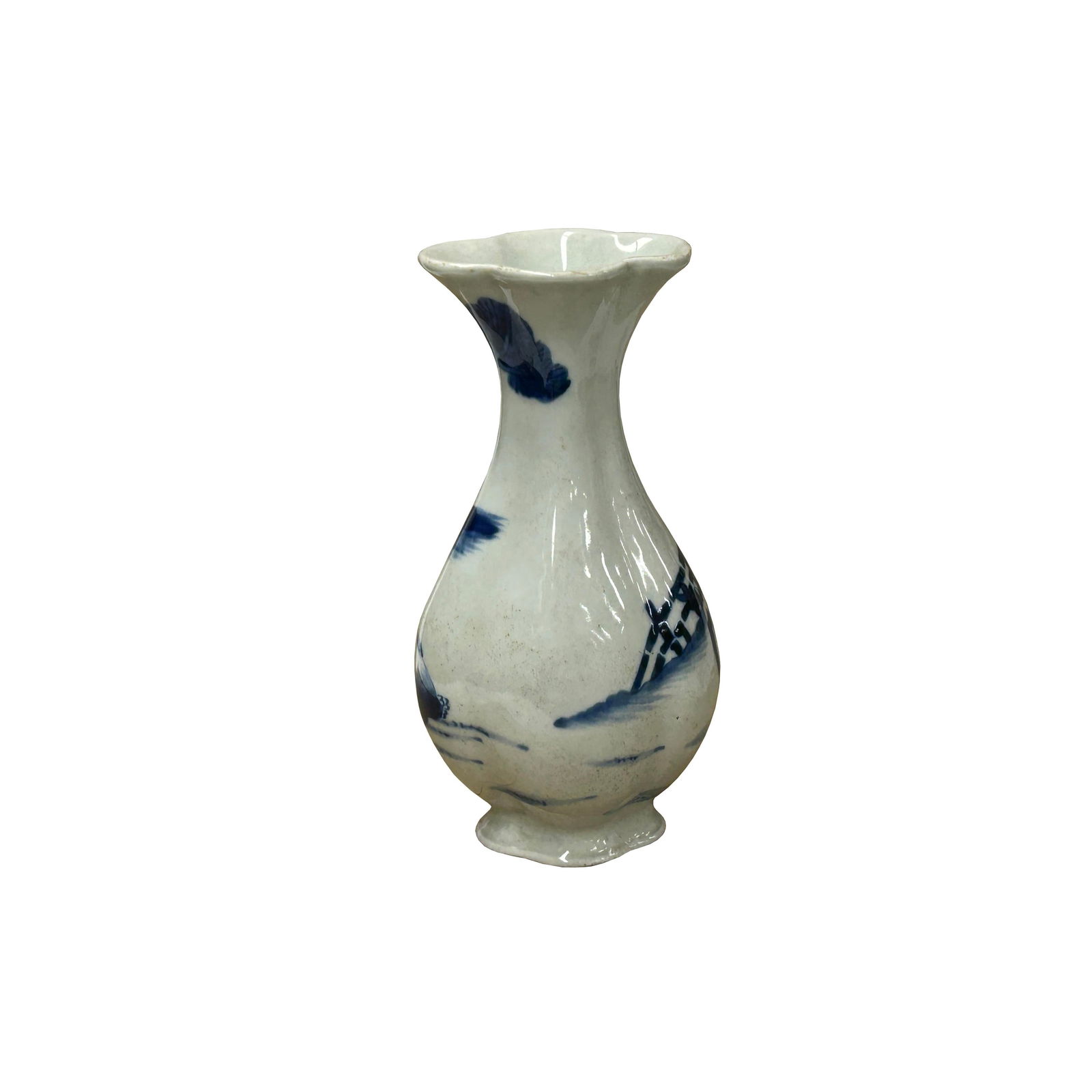 Oriental Small Blue White Scenery Graphic Flower Shape Porcelain Art Vase - 2