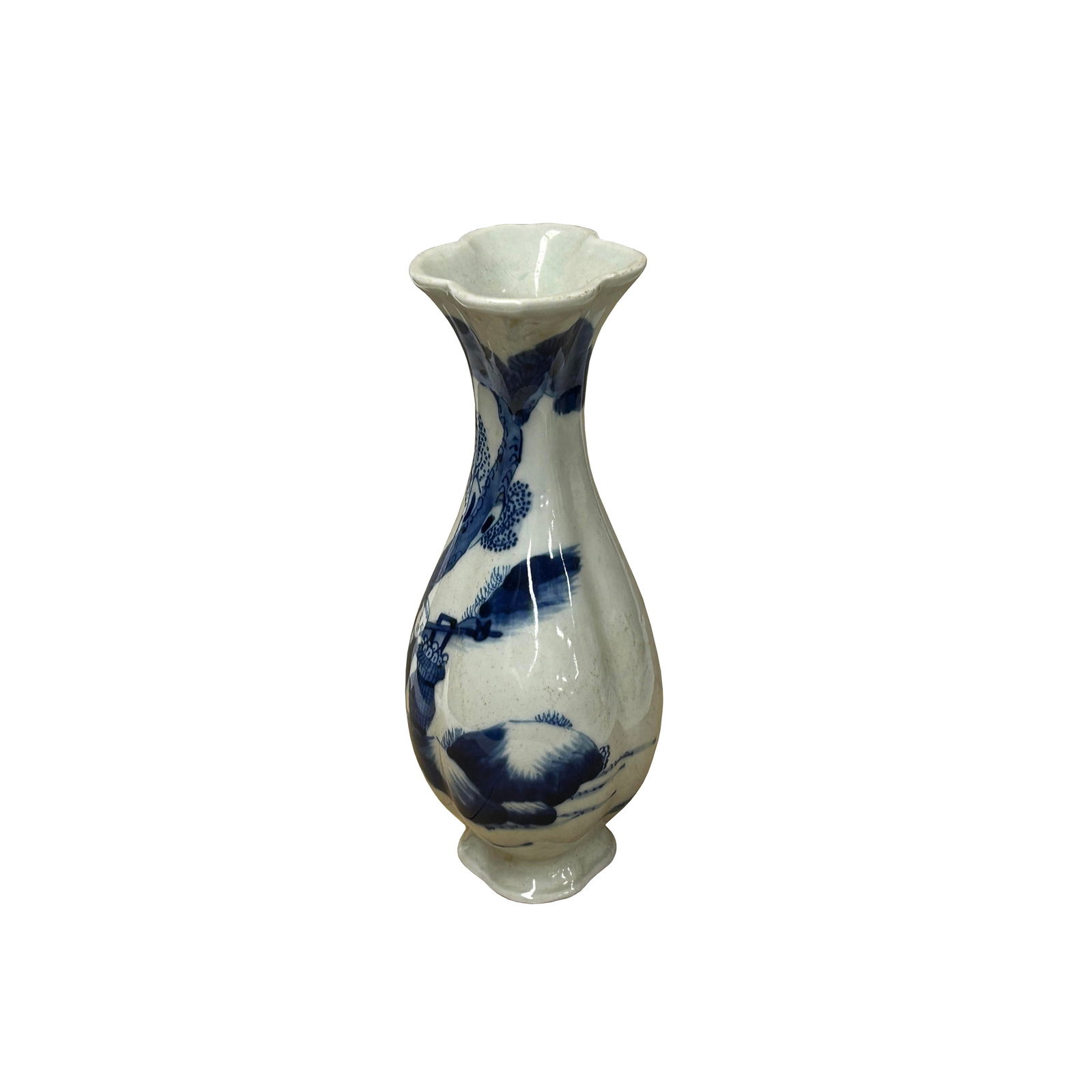 Oriental Small Blue White Scenery Graphic Flower Shape Porcelain Art Vase - 4